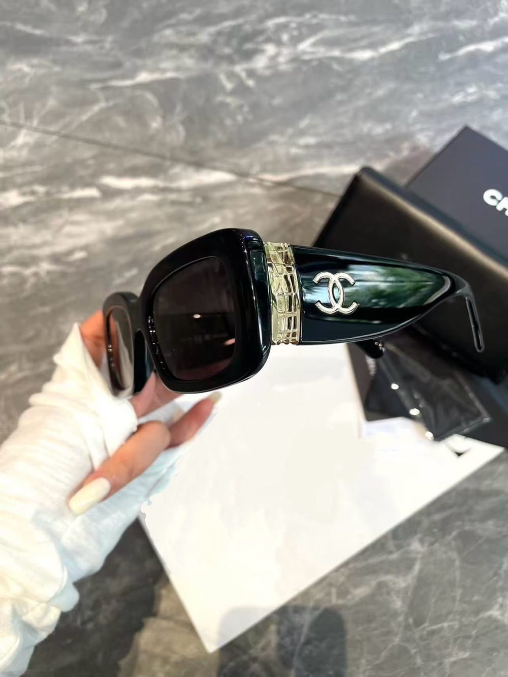 CHANEL Black Square Frame Sunglasses with Silver CC Logo